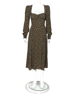 Reformation Hunt Black Yellow Floral Print Crepe High Slit Midi Dress Size 2 118